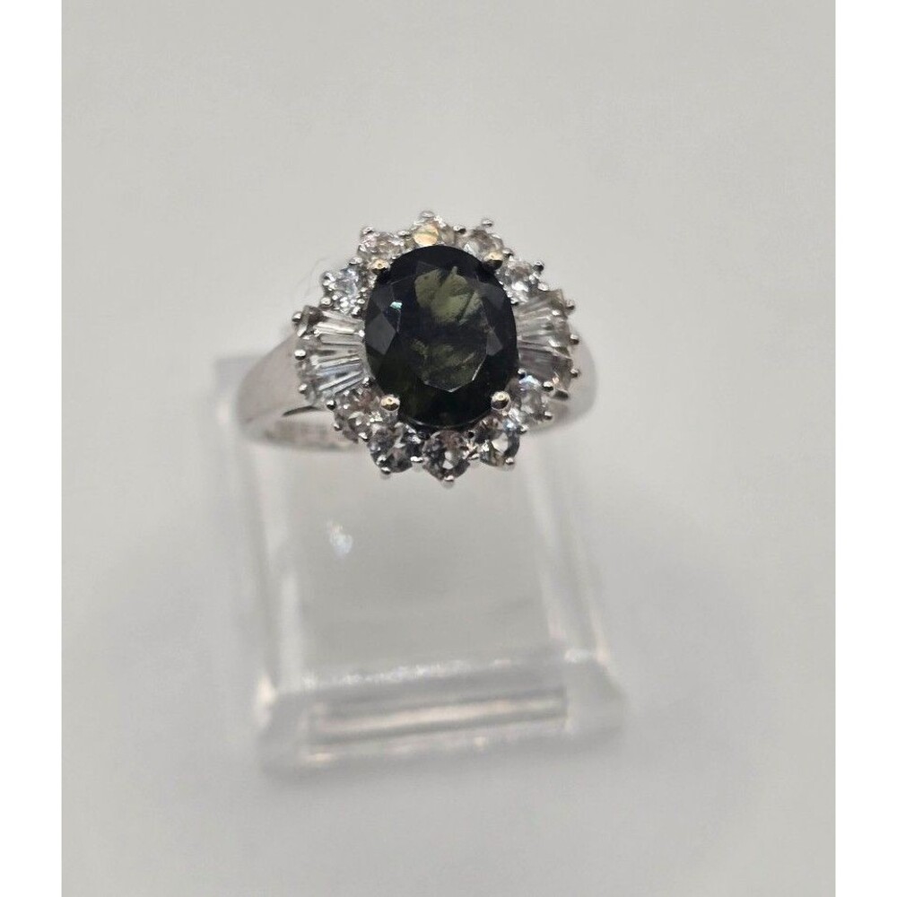 Vintage 4 CWT Natural Green Sapphire Ring And White Topaz Signed JZ 925 Size 10